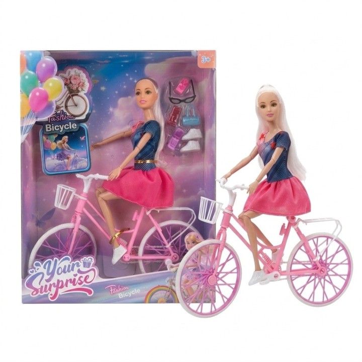 Set Muñeca Deportiva Con Bicicleta Rosada Y Accesorios