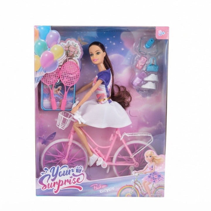 Set Muñeca Deportiva Con Bicicleta Rosada Y Accesorios