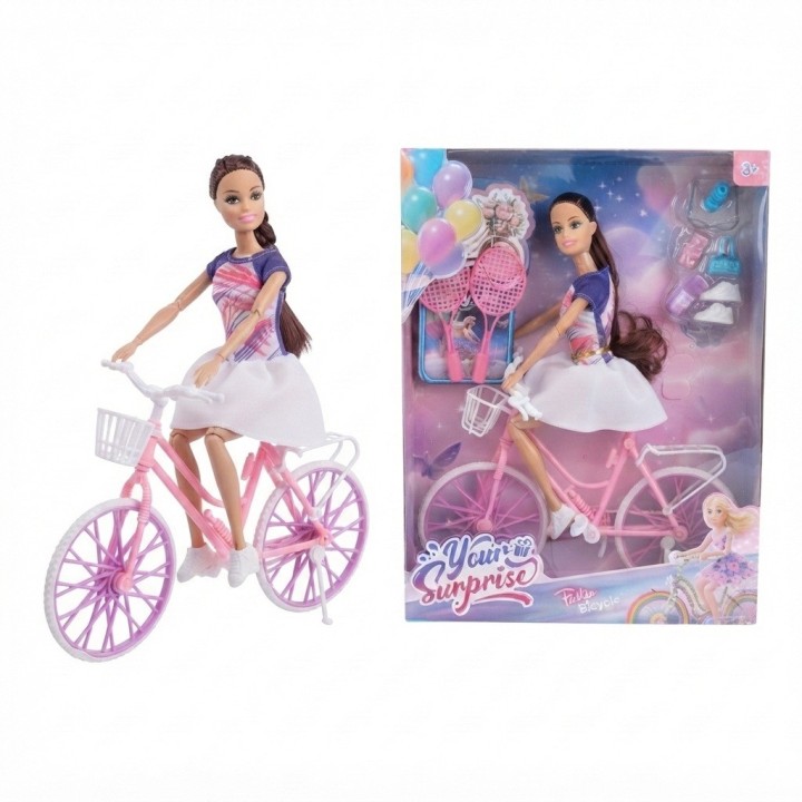 Set Muñeca Deportiva Con Bicicleta Rosada Y Accesorios