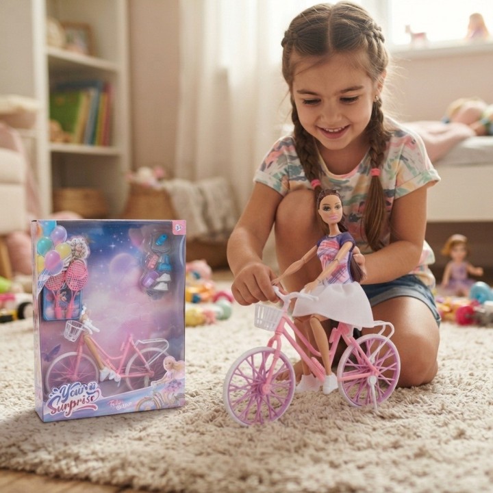 Set Muñeca Deportiva Con Bicicleta Rosada Y Accesorios