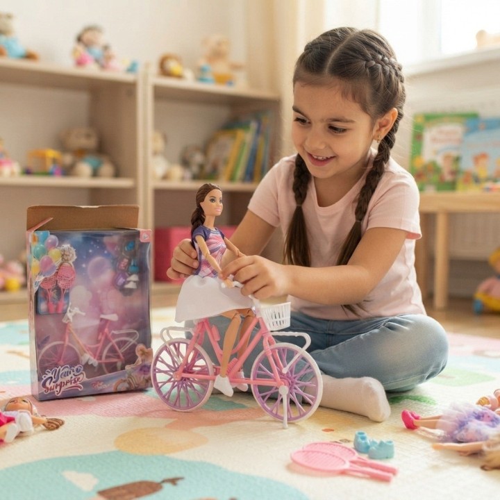 Set Muñeca Deportiva Con Bicicleta Rosada Y Accesorios