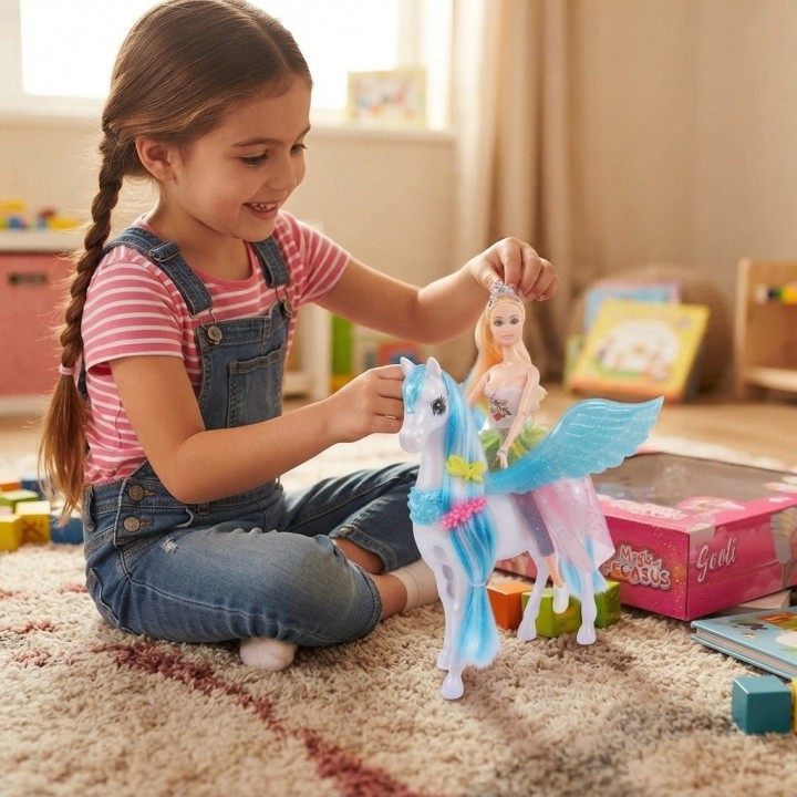 Set Muñeca Con Caballo Alado Pegaso Mágico Para Niñas
