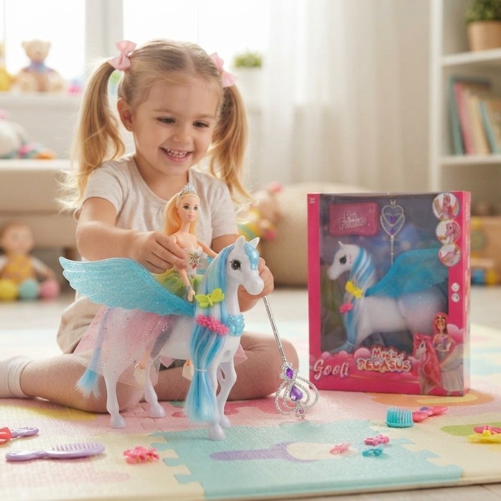 Set Muñeca Con Caballo Alado Pegaso Mágico Para Niñas