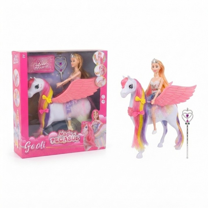 Set Muñeca Con Caballo Alado Pegaso Mágico Para Niñas