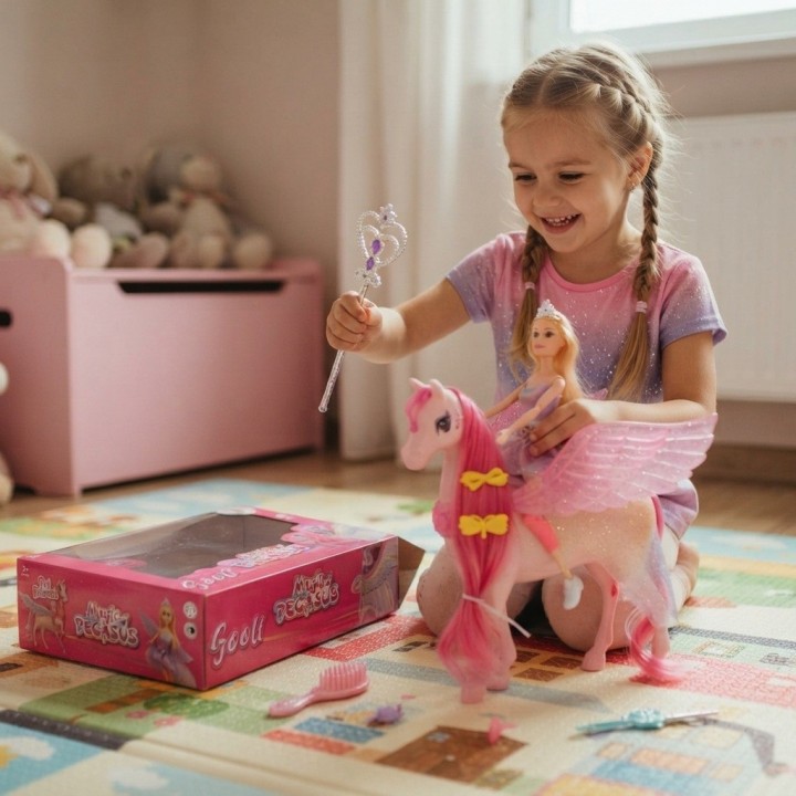 Set Muñeca Con Caballo Alado Pegaso Mágico Para Niñas