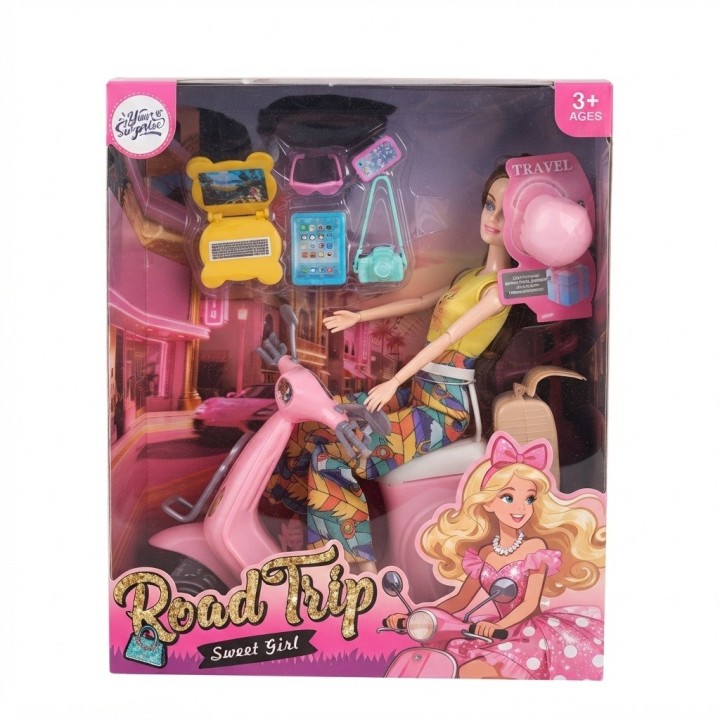 Muñeca Sweet Girl Con Moto Rosada Y Accesorios