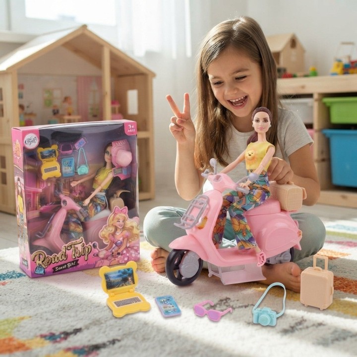 Muñeca Sweet Girl Con Moto Rosada Y Accesorios