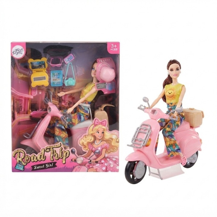 Muñeca Sweet Girl Con Moto Rosada Y Accesorios