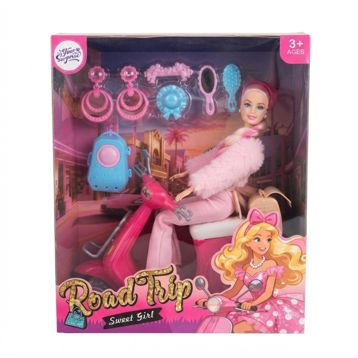 Muñeca Sweet Girl Con Moto Rosada Y Accesorios