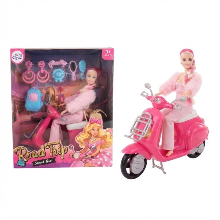 Muñeca Sweet Girl Con Moto Rosada Y Accesorios