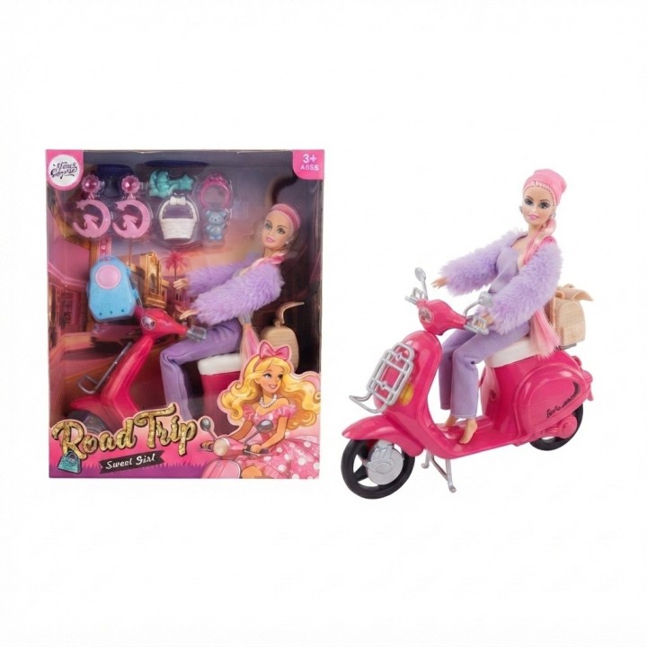 Muñeca Sweet Girl Con Moto Rosada Y Accesorios