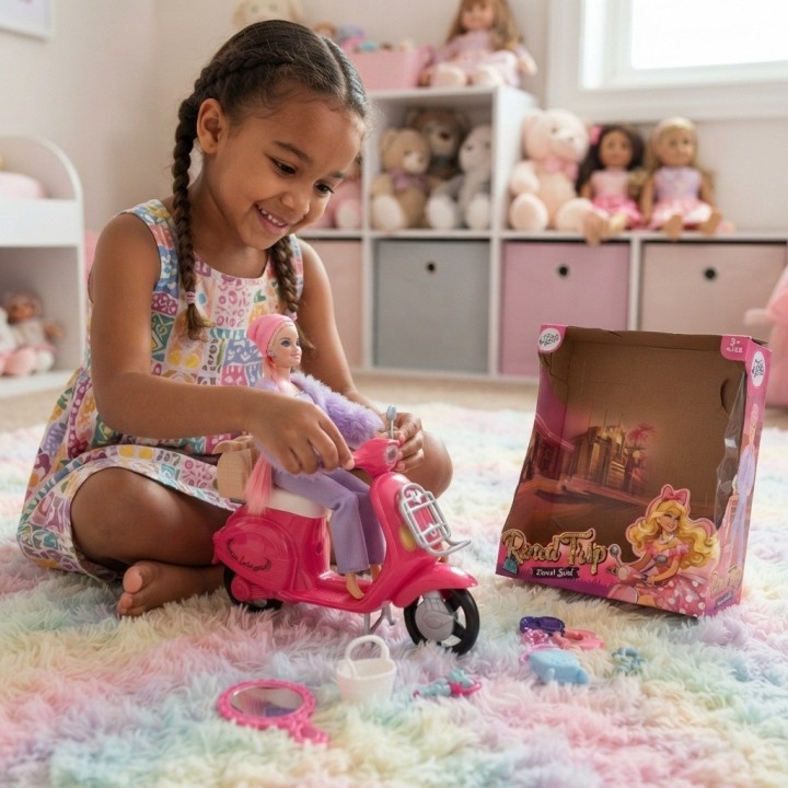 Muñeca Sweet Girl Con Moto Rosada Y Accesorios