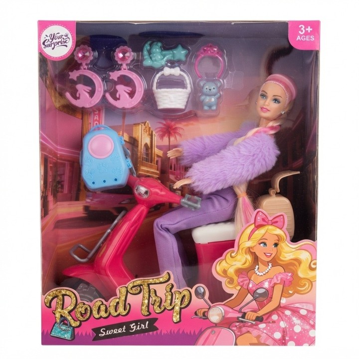 Muñeca Sweet Girl Con Moto Rosada Y Accesorios