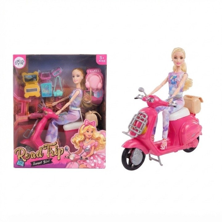 Muñeca Sweet Girl Con Moto Rosada Y Accesorios