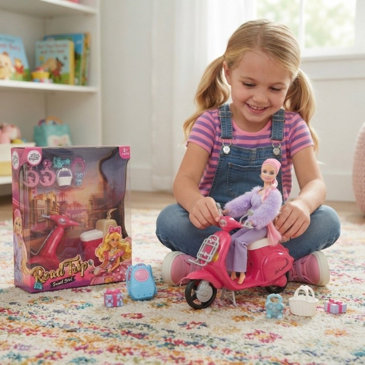 Muñeca Sweet Girl Con Moto Rosada Y Accesorios