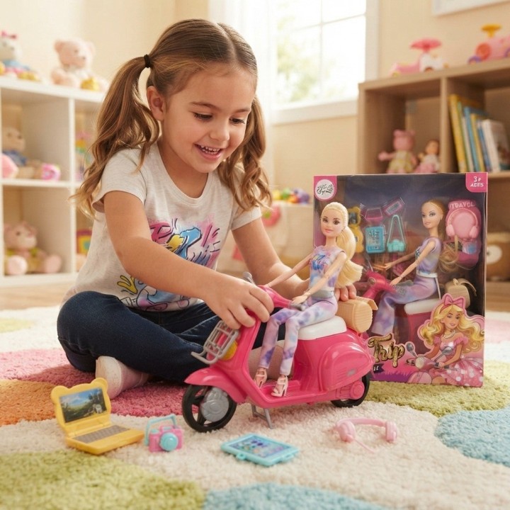 Muñeca Sweet Girl Con Moto Rosada Y Accesorios