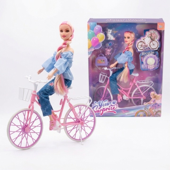 Muñeca Fashion En Bicicleta Con Mascota Y Accesorios