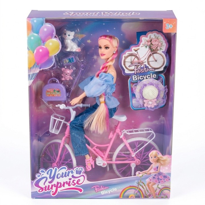 Muñeca Fashion En Bicicleta Con Mascota Y Accesorios