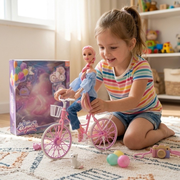 Muñeca Fashion En Bicicleta Con Mascota Y Accesorios
