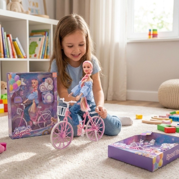 Muñeca Fashion En Bicicleta Con Mascota Y Accesorios