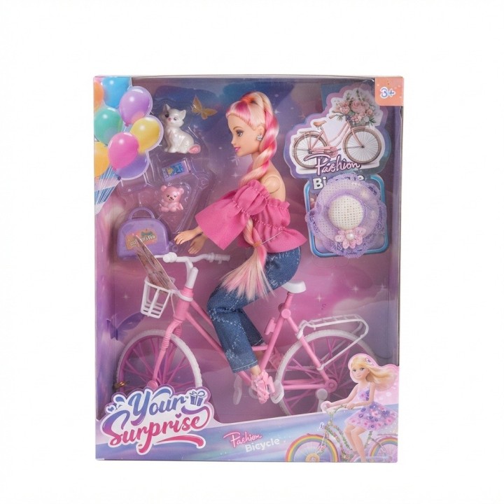 Muñeca Fashion En Bicicleta Con Mascota Y Accesorios