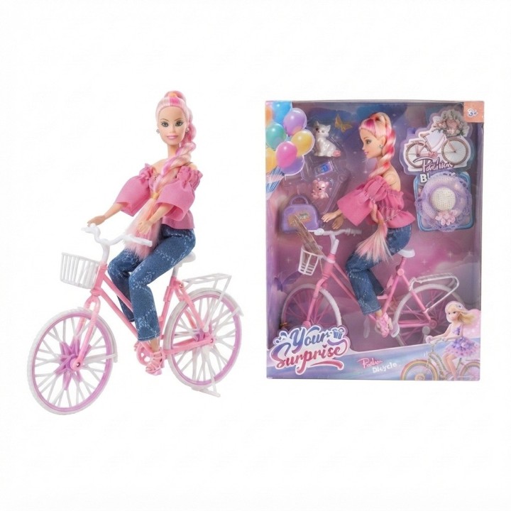 Muñeca Fashion En Bicicleta Con Mascota Y Accesorios