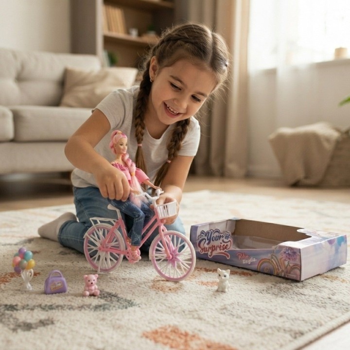 Muñeca Fashion En Bicicleta Con Mascota Y Accesorios