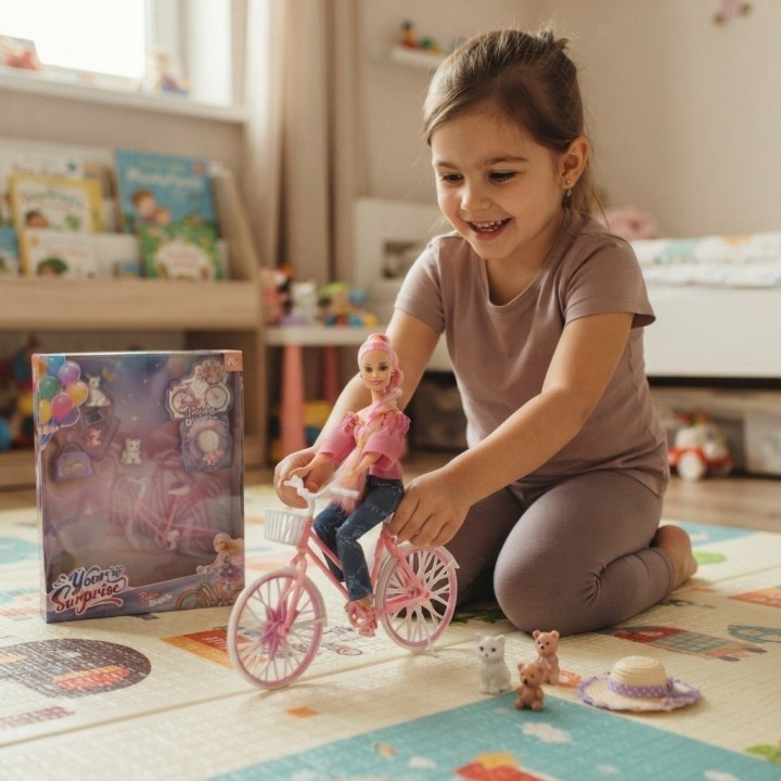 Muñeca Fashion En Bicicleta Con Mascota Y Accesorios