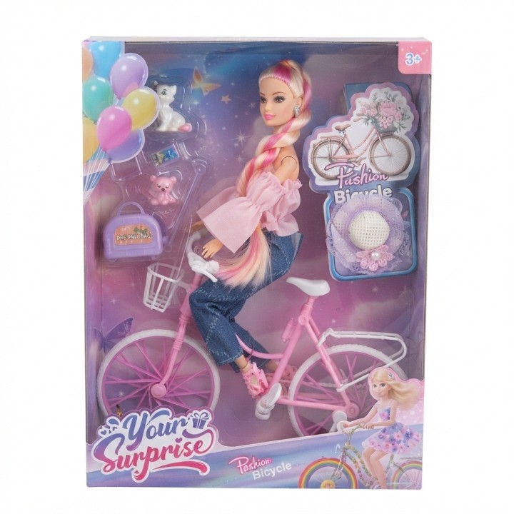 Muñeca Fashion En Bicicleta Con Mascota Y Accesorios