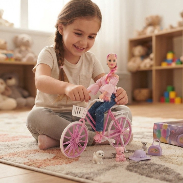 Muñeca Fashion En Bicicleta Con Mascota Y Accesorios