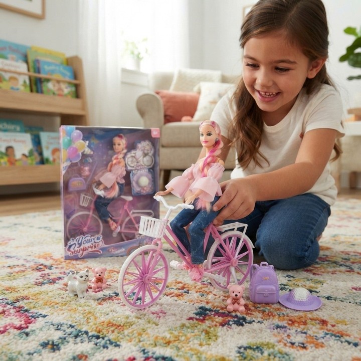 Muñeca Fashion En Bicicleta Con Mascota Y Accesorios