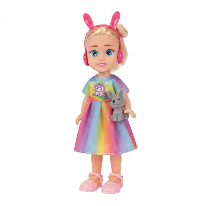 Muñeca Fashion Vestido Arcoíris Con Mascota Perrito