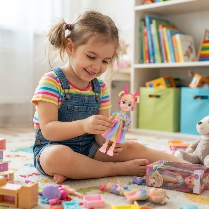 Muñeca Fashion Vestido Arcoíris Con Mascota Perrito