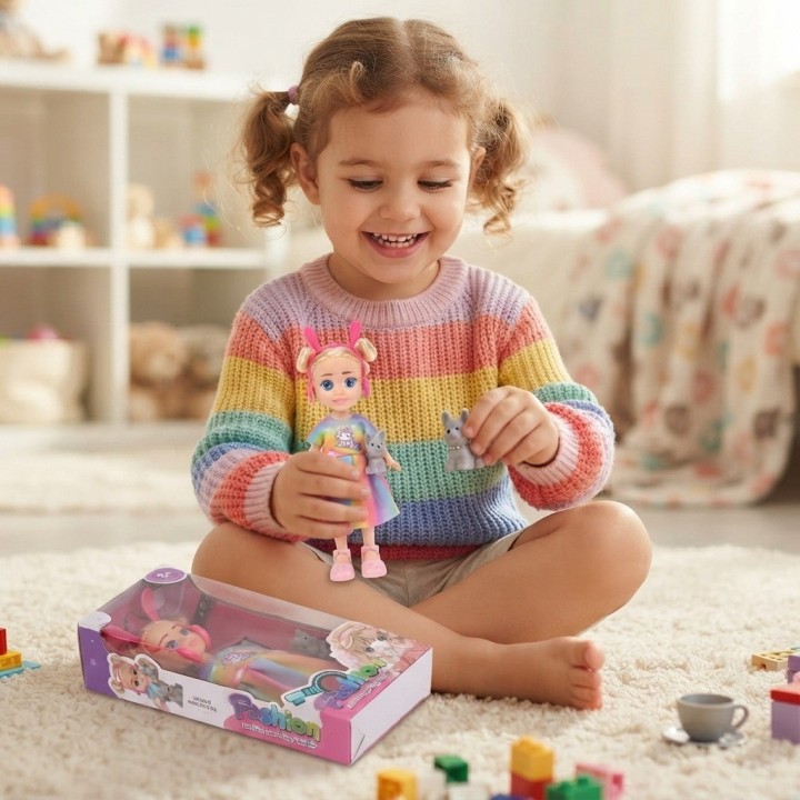 Muñeca Fashion Vestido Arcoíris Con Mascota Perrito