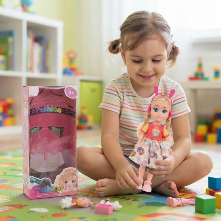 Muñeca Fashion Vestido Arcoíris Con Mascota Perrito