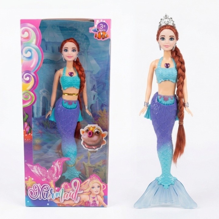 Hermosa Muñeca Sirena Acuática Con Tiara Y Larga Trenza