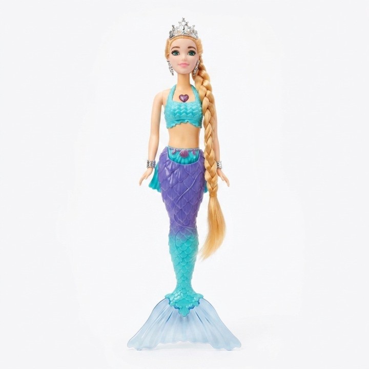 Hermosa Muñeca Sirena Acuática Con Tiara Y Larga Trenza
