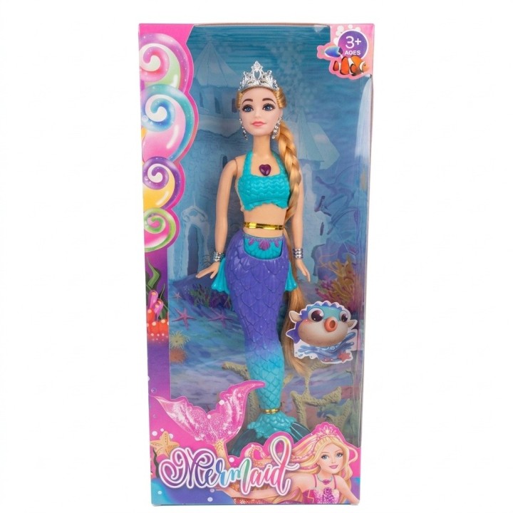 Hermosa Muñeca Sirena Acuática Con Tiara Y Larga Trenza