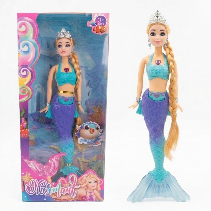 Hermosa Muñeca Sirena Acuática Con Tiara Y Larga Trenza