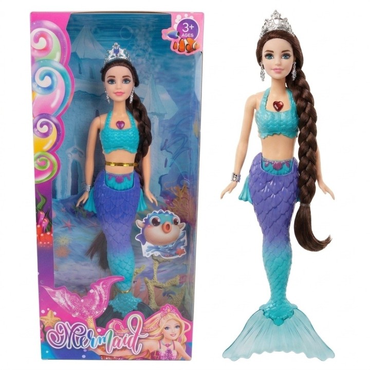 Hermosa Muñeca Sirena Acuática Con Tiara Y Larga Trenza