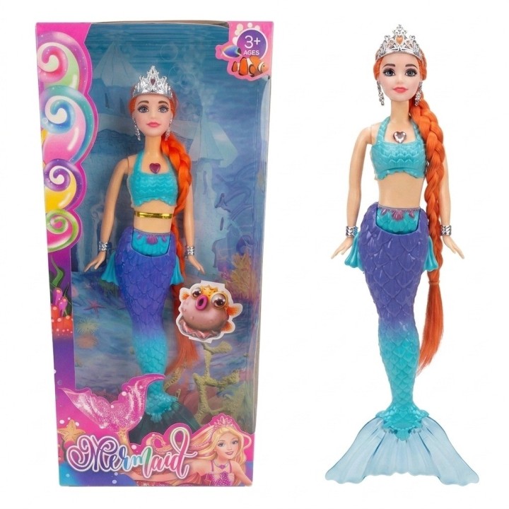 Hermosa Muñeca Sirena Acuática Con Tiara Y Larga Trenza