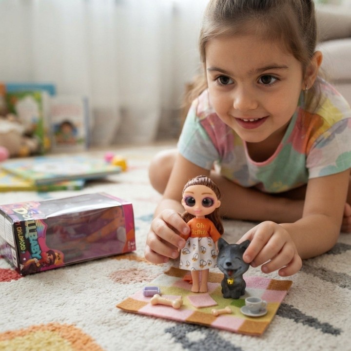 Mini Muñeca Dollbaby Ojos Grandes Con Mascota