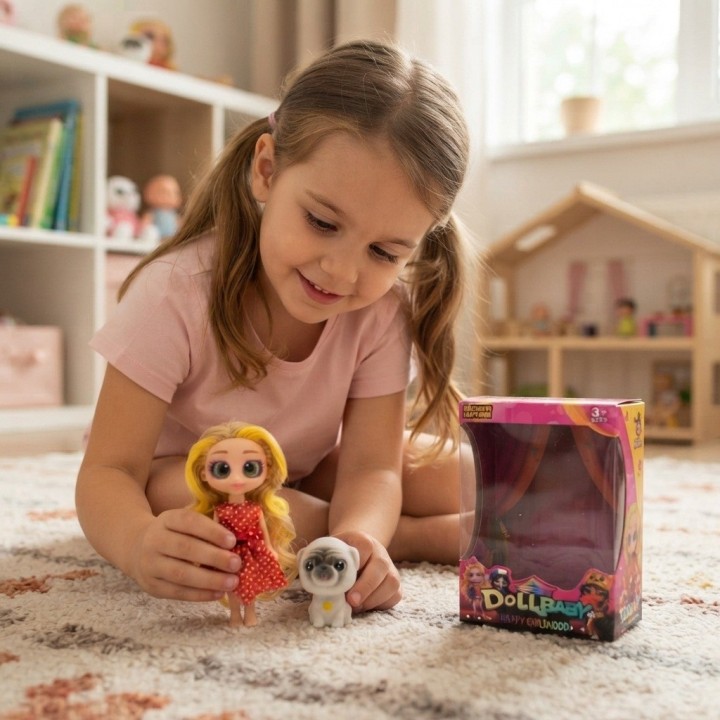 Mini Muñeca Dollbaby Ojos Grandes Con Mascota