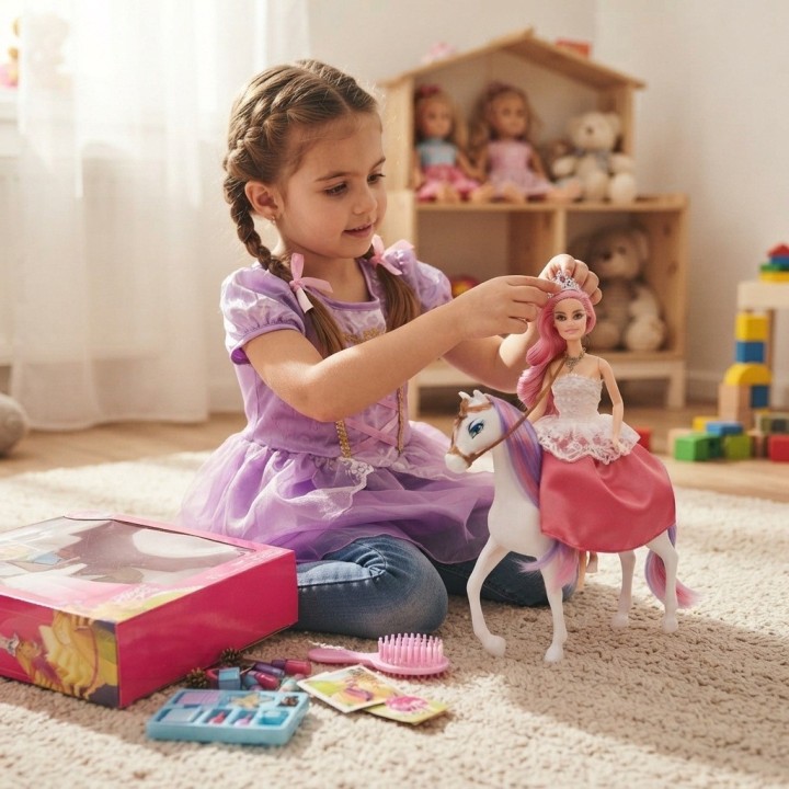 Hermosa Muñeca Princesa Con Caballo Mágico Y Accesorios