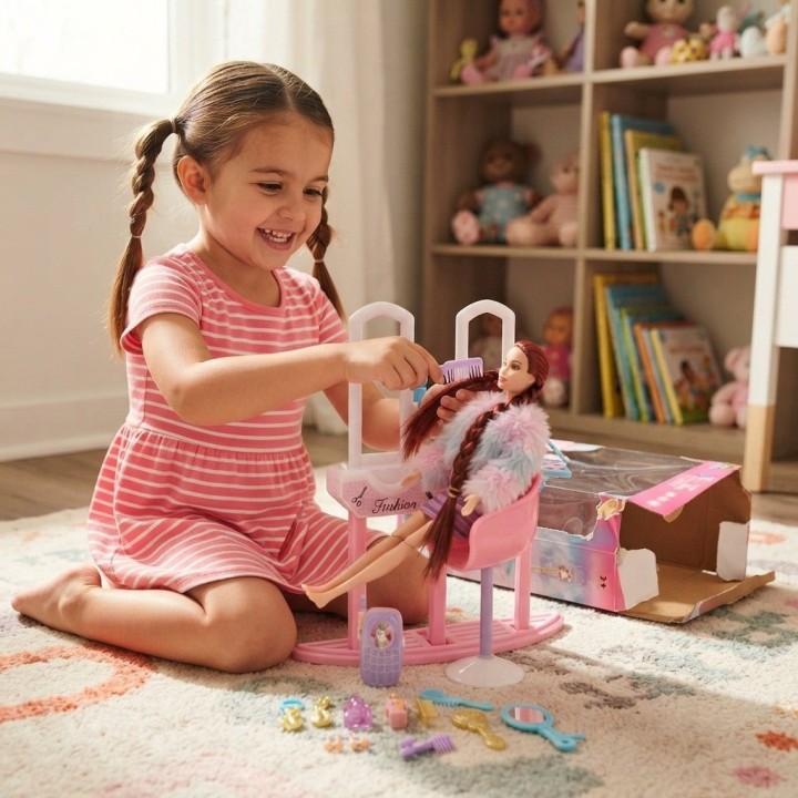 Set Muñeca Fashion Tocador Espejo Silla Y Accesorios