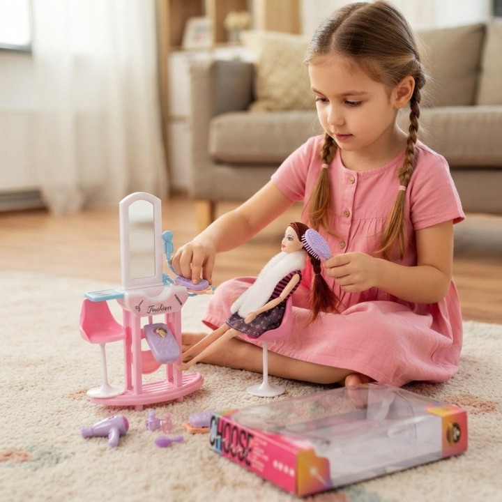 Set Muñeca Fashion Tocador Espejo Silla Y Accesorios