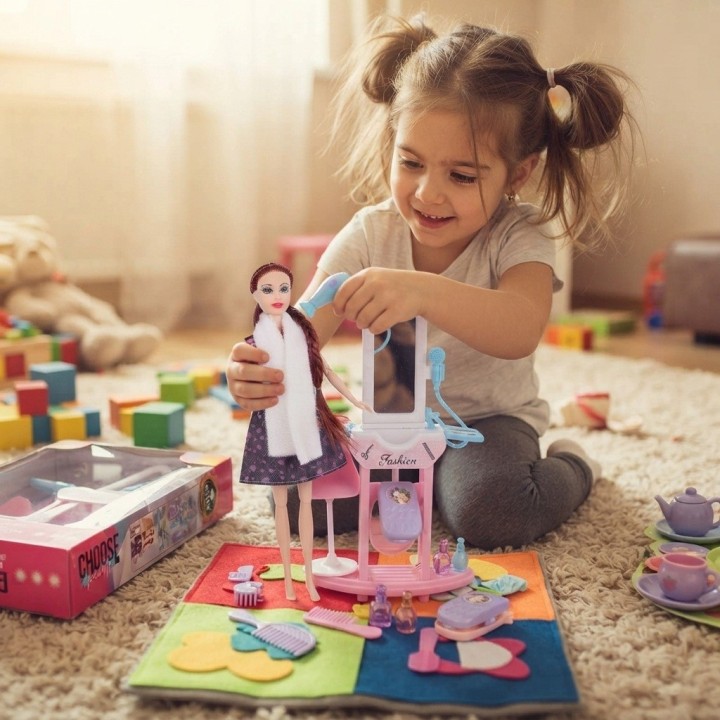 Set Muñeca Fashion Tocador Espejo Silla Y Accesorios