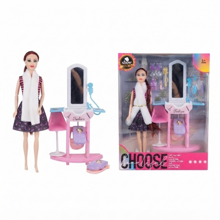 Set Muñeca Fashion Tocador Espejo Silla Y Accesorios