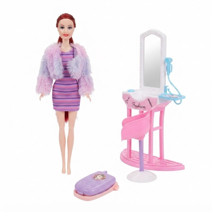 Set Muñeca Fashion Tocador Espejo Silla Y Accesorios