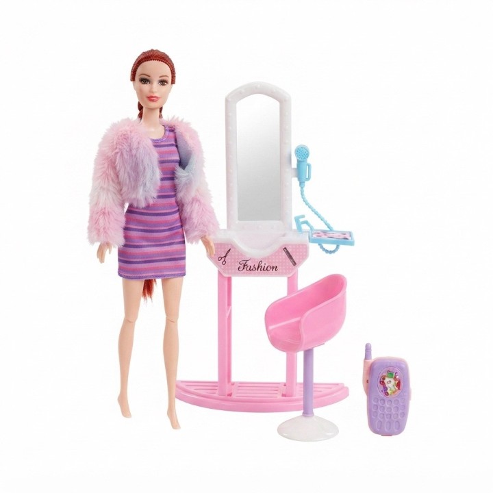 Set Muñeca Fashion Tocador Espejo Silla Y Accesorios